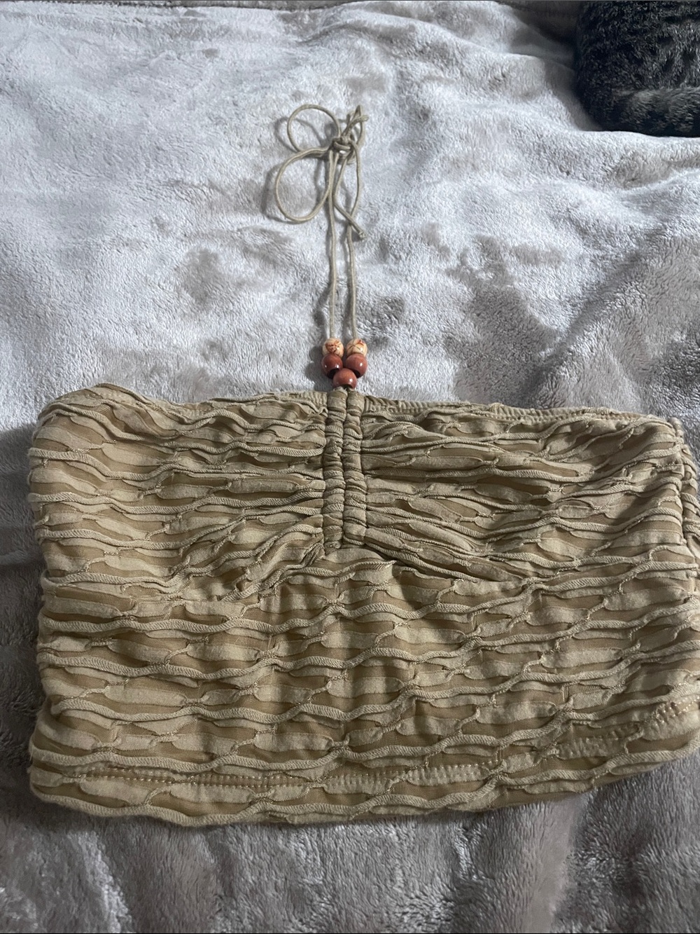 SHEIN Beige Textured Strapless Crop Top with Bead Halter Cord